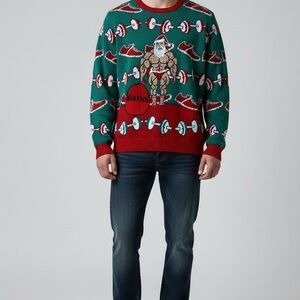 Ugly Christmas Muscle Man Men's Crewneck Sweater Red and Green Barbells large